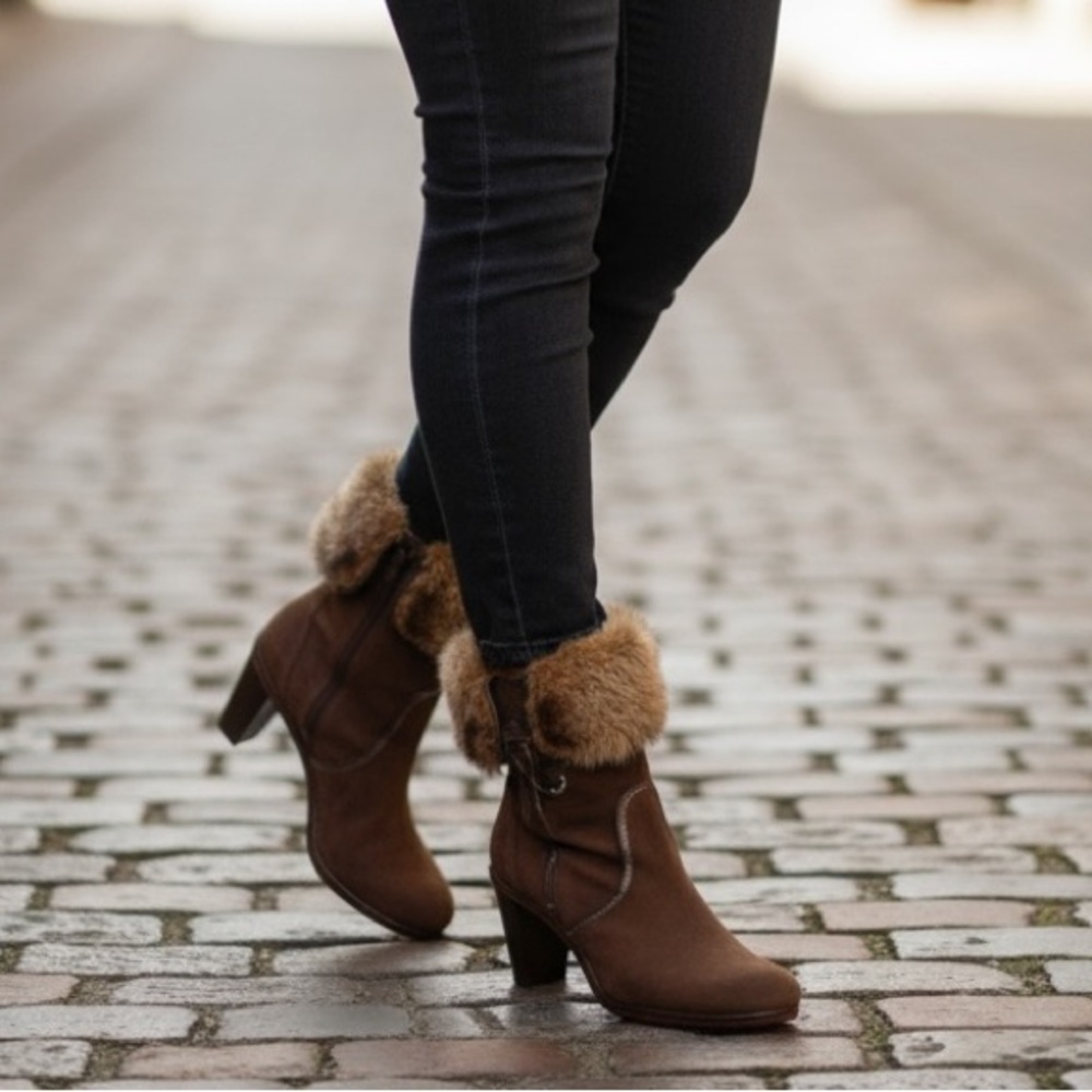 SALE‼️Jambu heeled faux fur leather boots cork angled stacked heels 8 ng999